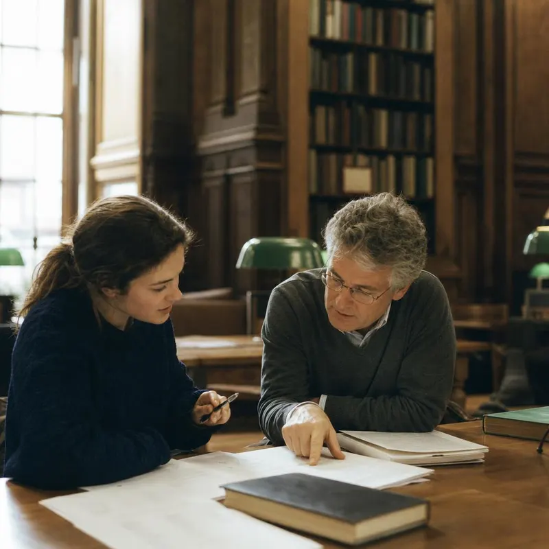 A professor and a student going over notes in a reading room