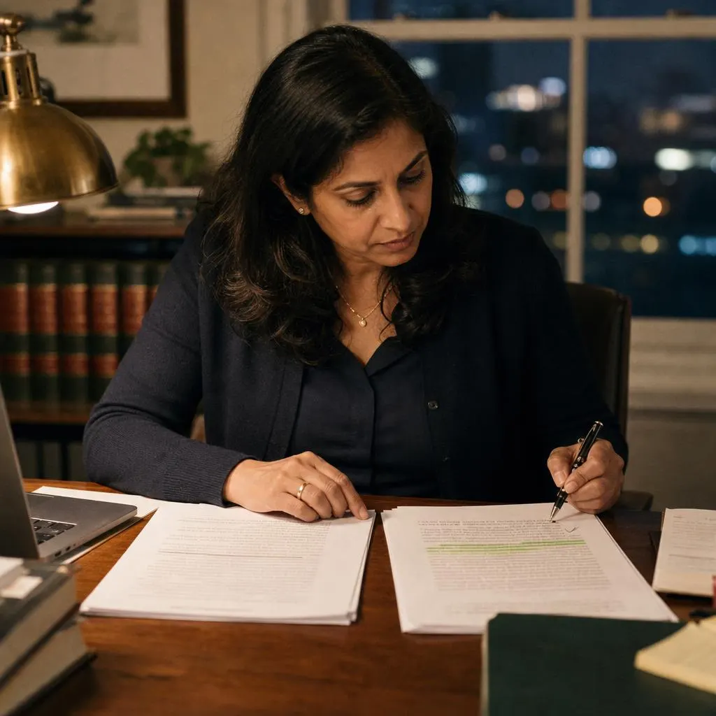 A lawyer at her desk at night, pen in hand, comparing a highlighted passage with her draft