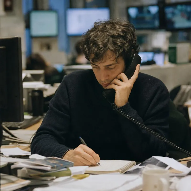 A reporter on the phone taking notes in a newsroom