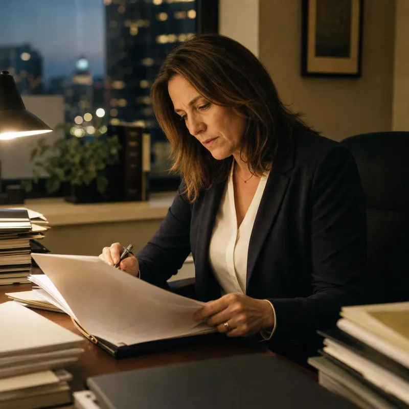 A lawyer marking up a brief at her desk in the evening