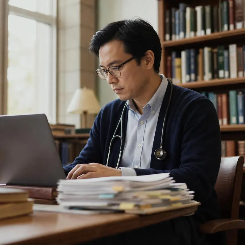 A physician reading through a stack of papers in a library